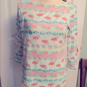 Talbots light weight knit top with 3/4 sleeves in beachy Flamingo print. NWT